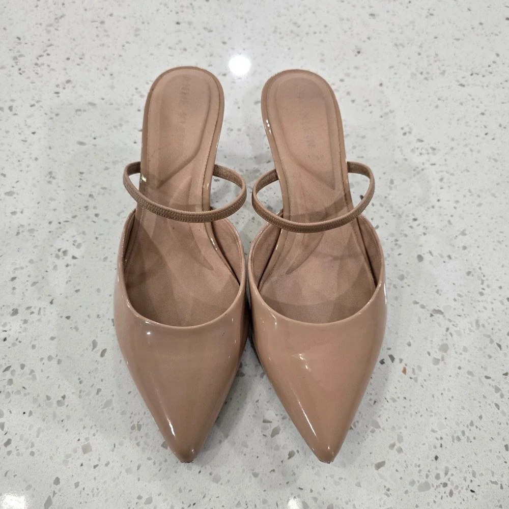 Anne Klein iFlex Nude Patent Pointed Toe Kitten Heel Mules Womens Size 8.5 - Picture 3 of 11
